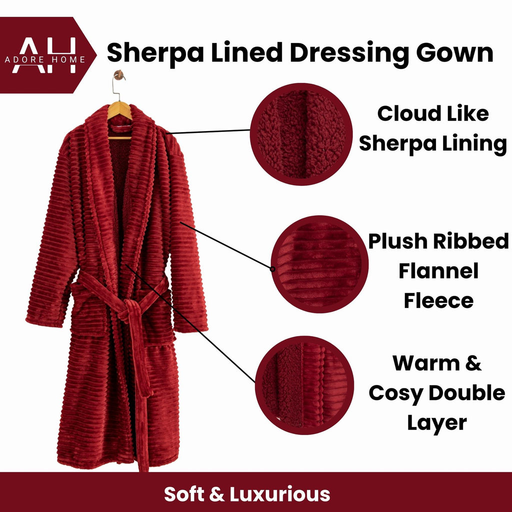 Mens Ribbed Fleece Dressing Gown With Sherpa Lining, Red – Adore Home
