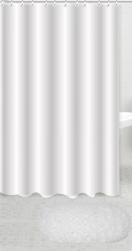 Shower Curtain Set With PVC Bath Mat, White - Adore Home