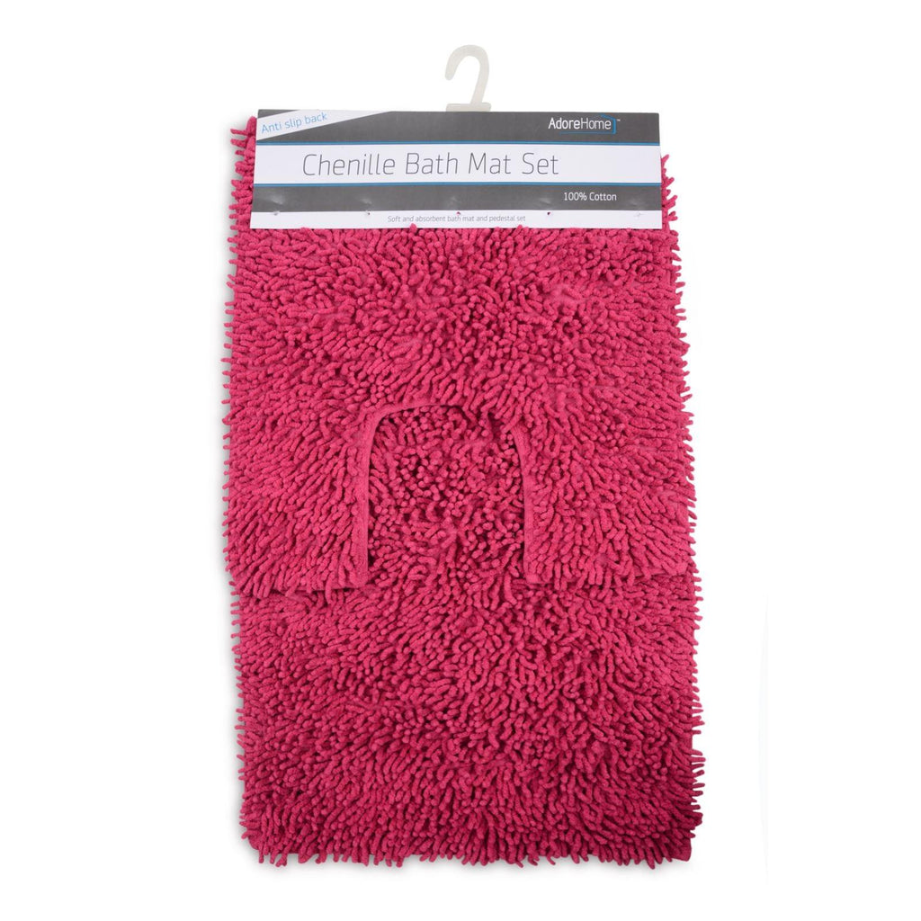 2 Piece Chenille Bath Mat & Pedestal Set With Non Slip Backing, 100% Cotton, Pink - Adore Home