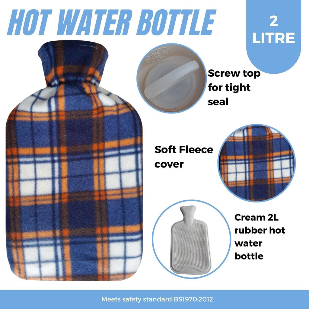 Hot Water Bottle With Tartan Check Fleece Cover 2L - Adore Home