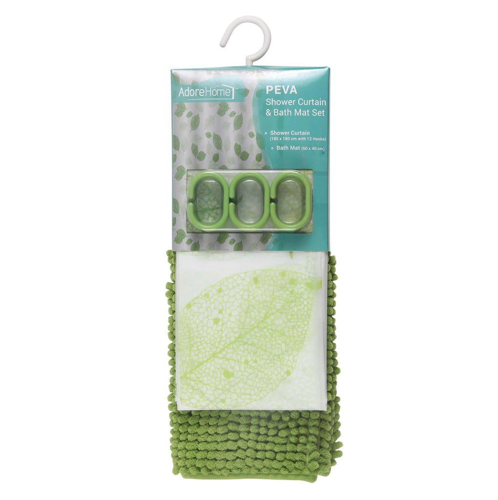 Shower Curtain Set With Chenille Bath Mat, Lime - Adore Home